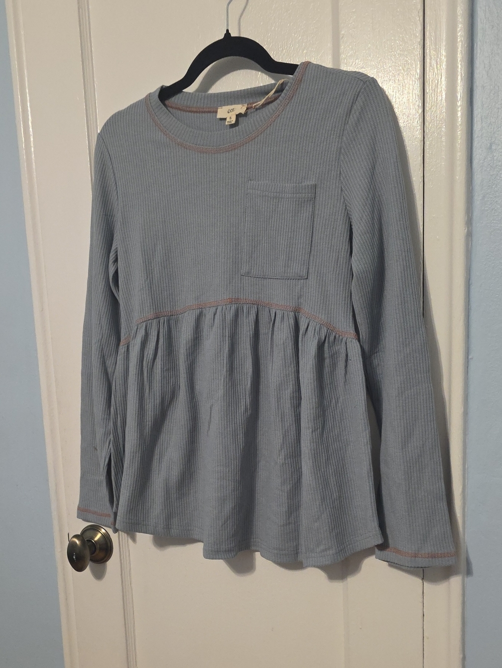Women's Light Blue Ribbed Long-Sleeve Peplum Tunic by OTTO